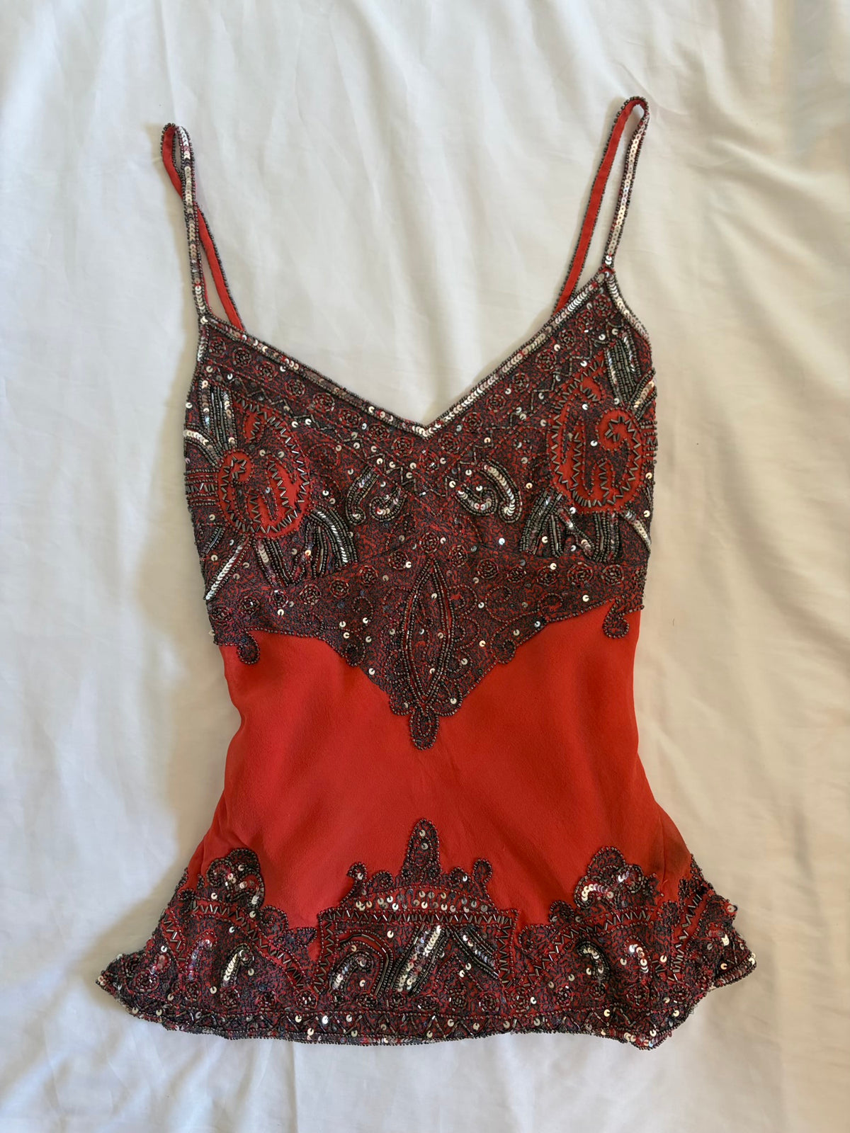 Vintage Y2K Aftershock Silk Coral Cami with Gunmetal Grey Sequin and Beaded Embellishment