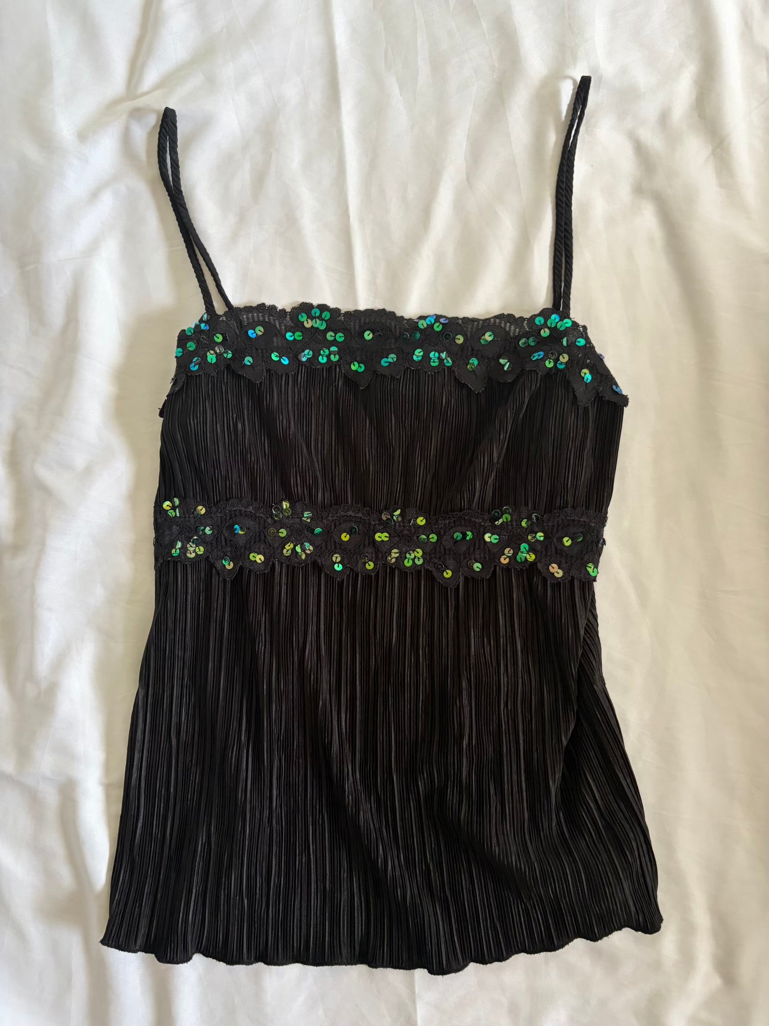 Vintage Y2K Black Plisse Cami with Iridescent Sequins