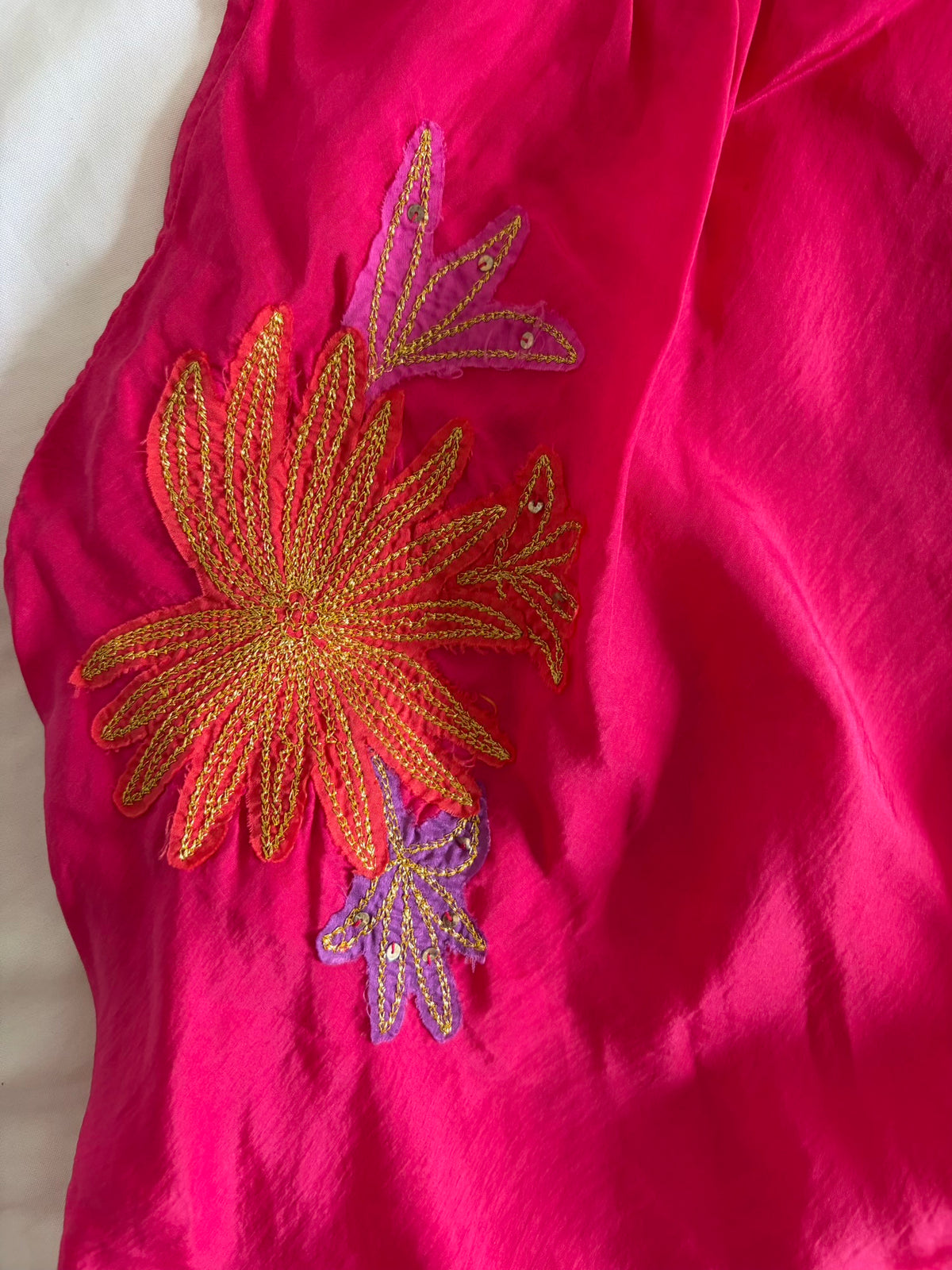 Vintage 2000s Silk Pink Halterneck Cami with Floral Appliqué, Embroidery and Sequins