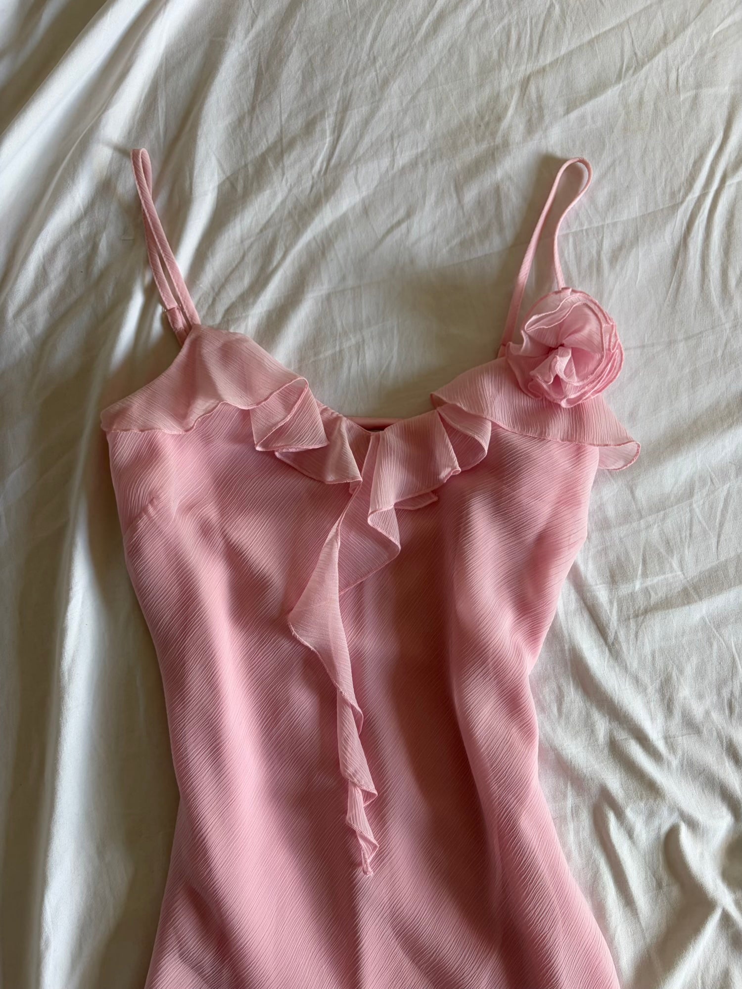 Vintage 1990s Baby Pink Asymmetrical Hem Floaty Fairy Midi Dress with Floral Applique