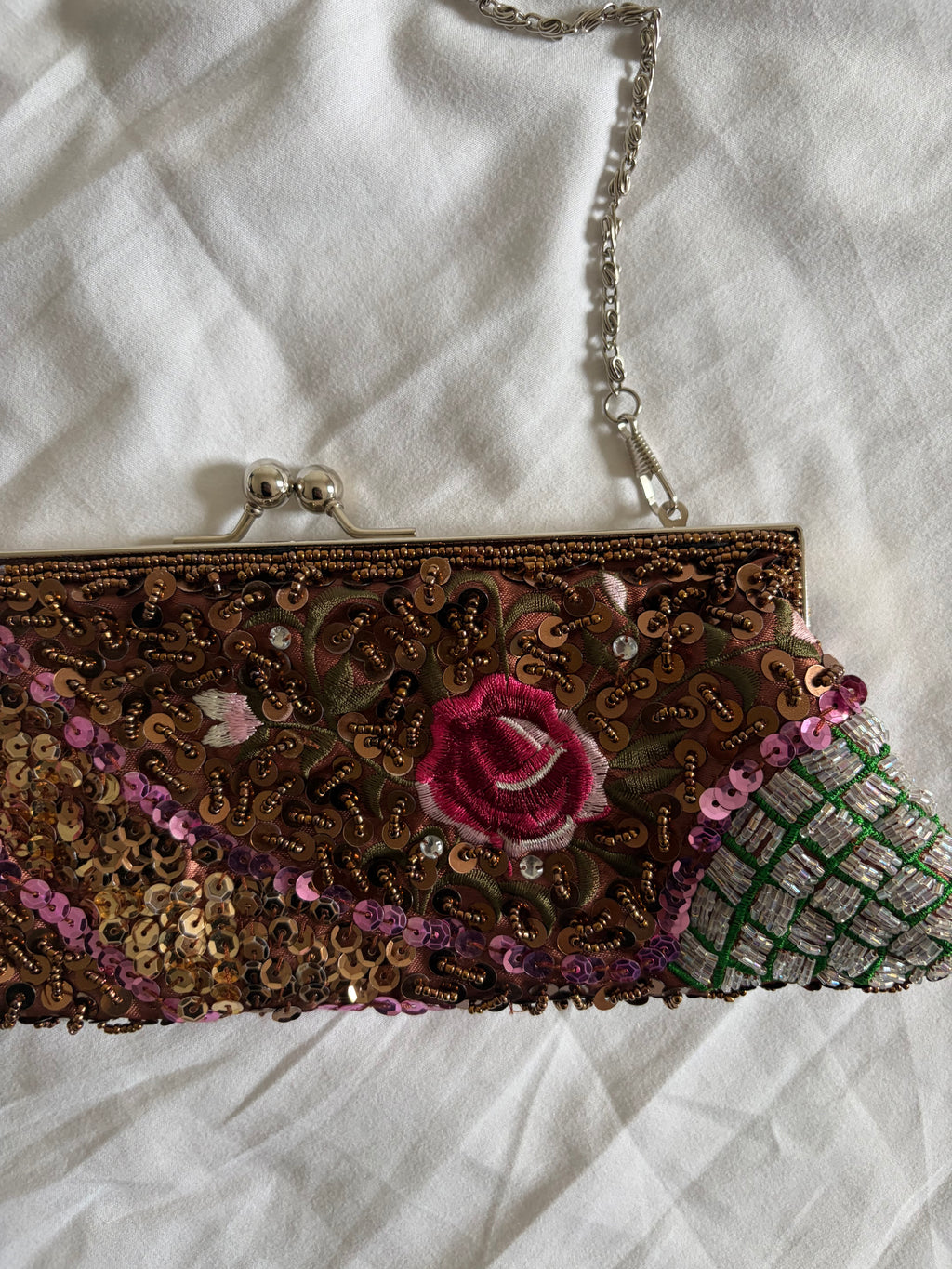 Vintage 1990s Brown Beaded Rose-Embroidered Sequin Bag