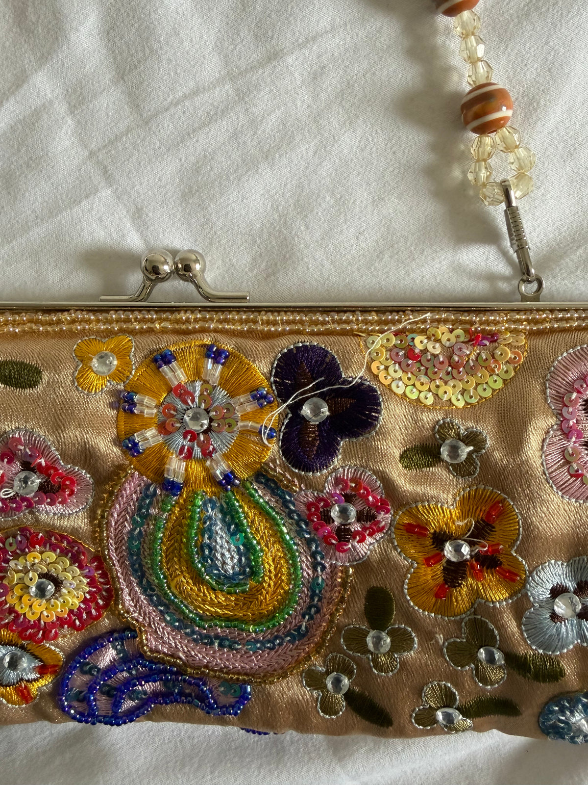 Vintage 2000s Champagne Beaded Bag with Beaded Handle
