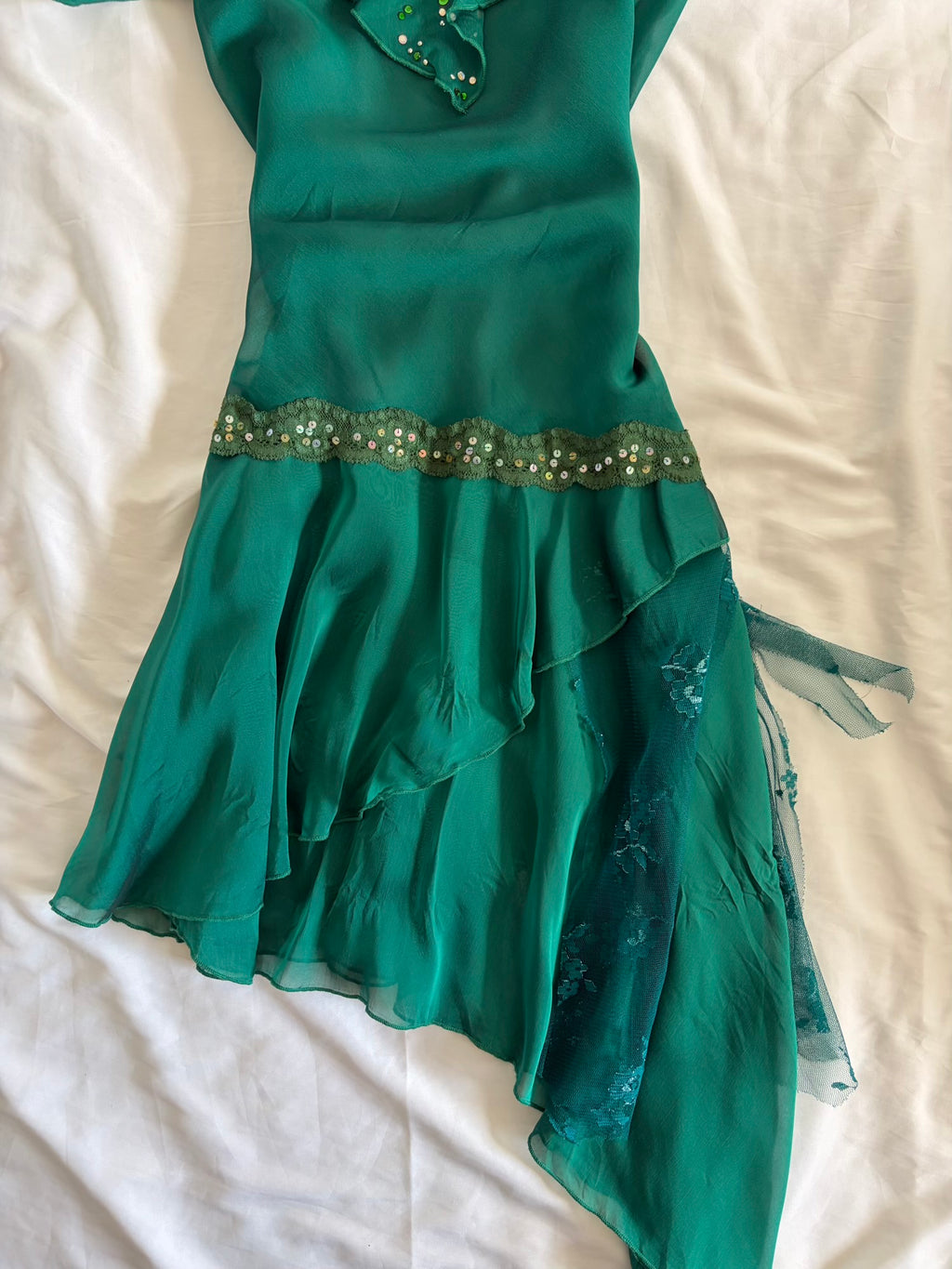 Vintage Y2K Teal Fairy Sheer Mini Asymmetrical Hem Dress with Lace and Sequins