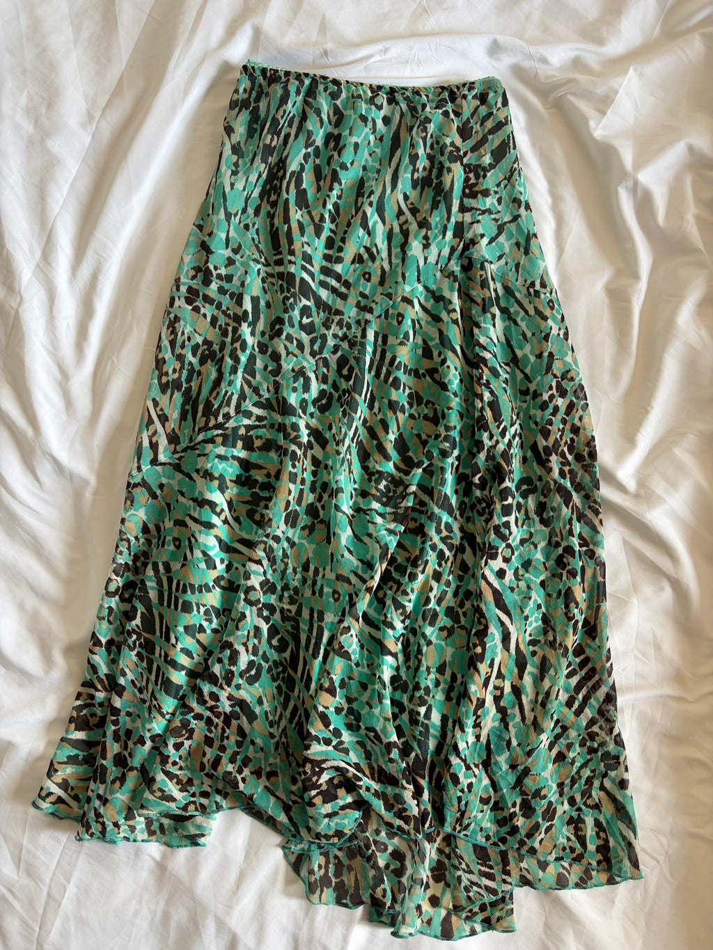 Vintage 1990s Turquoise Leopard Mermaid Hem Skirt with Champagne Contrast