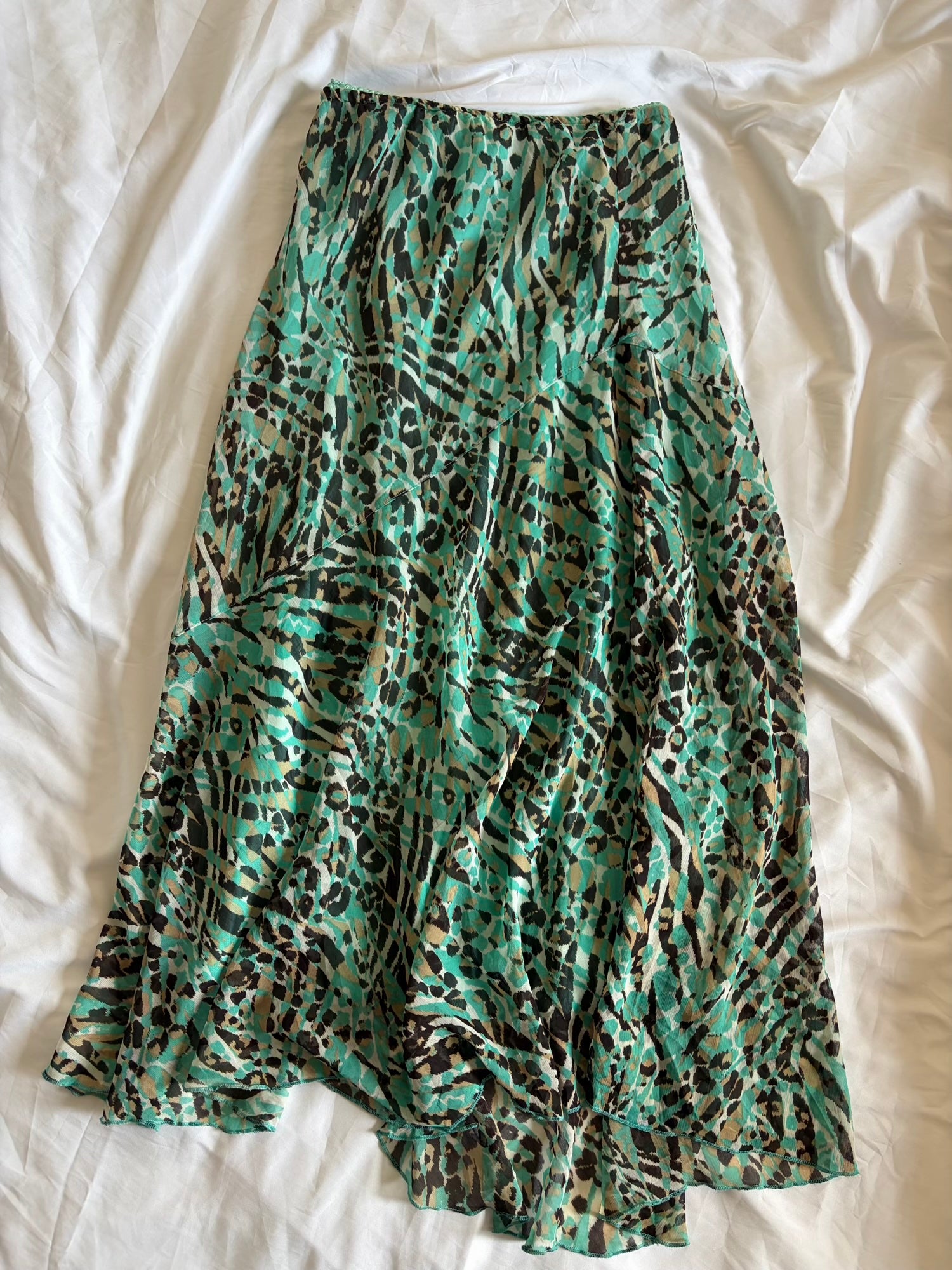 Vintage 1990s Turquoise Leopard Mermaid Hem Skirt with Champagne Contrast