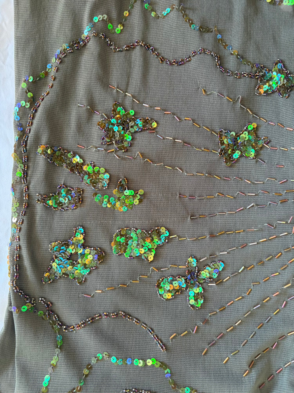 Vintage Y2K dark forest green sequin and beaded handkerchief hem cami