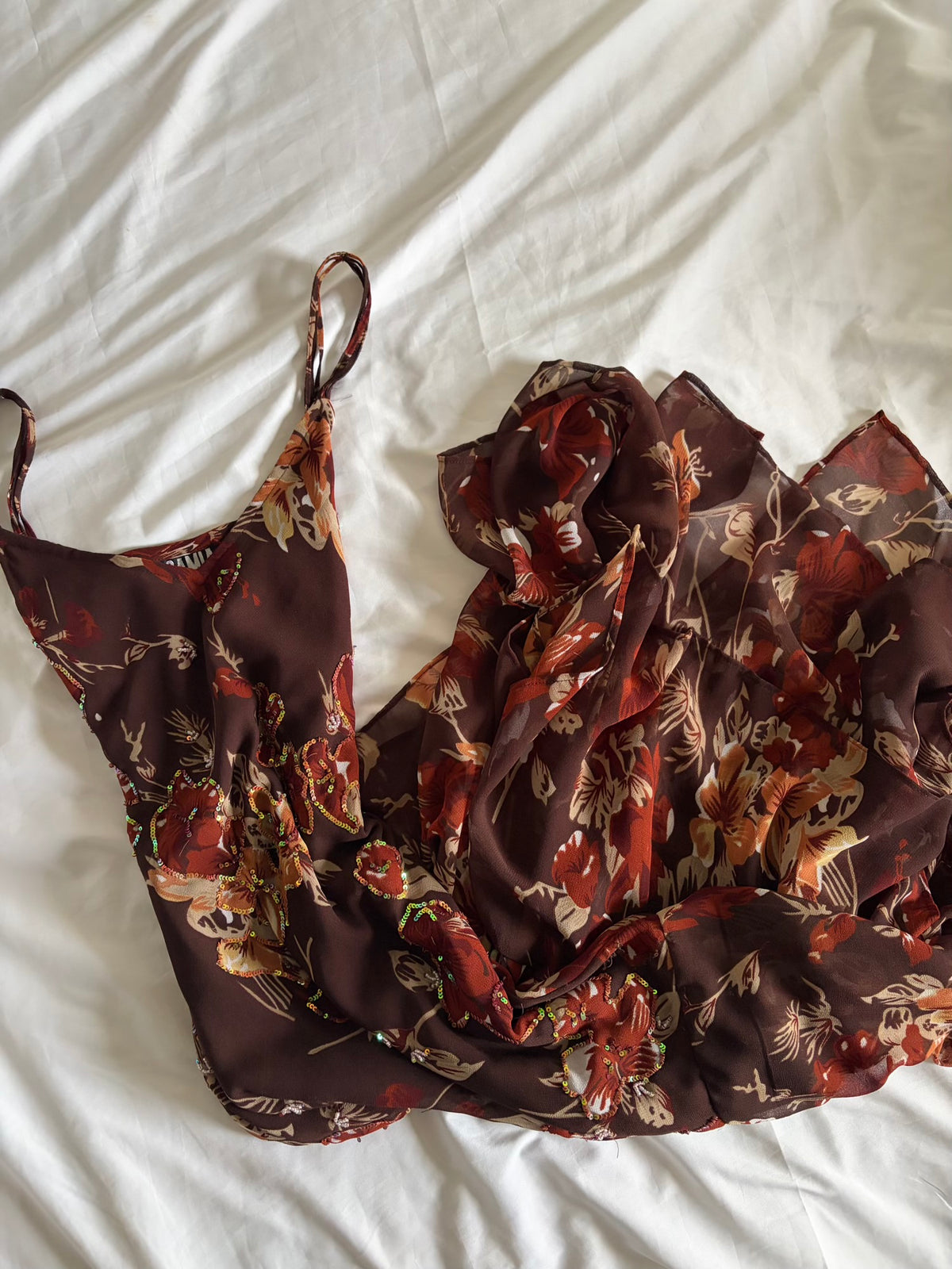 Vintage 2000s Brown Asymmetrical Hem Dress with Beads, Sequins and Matching Scarf