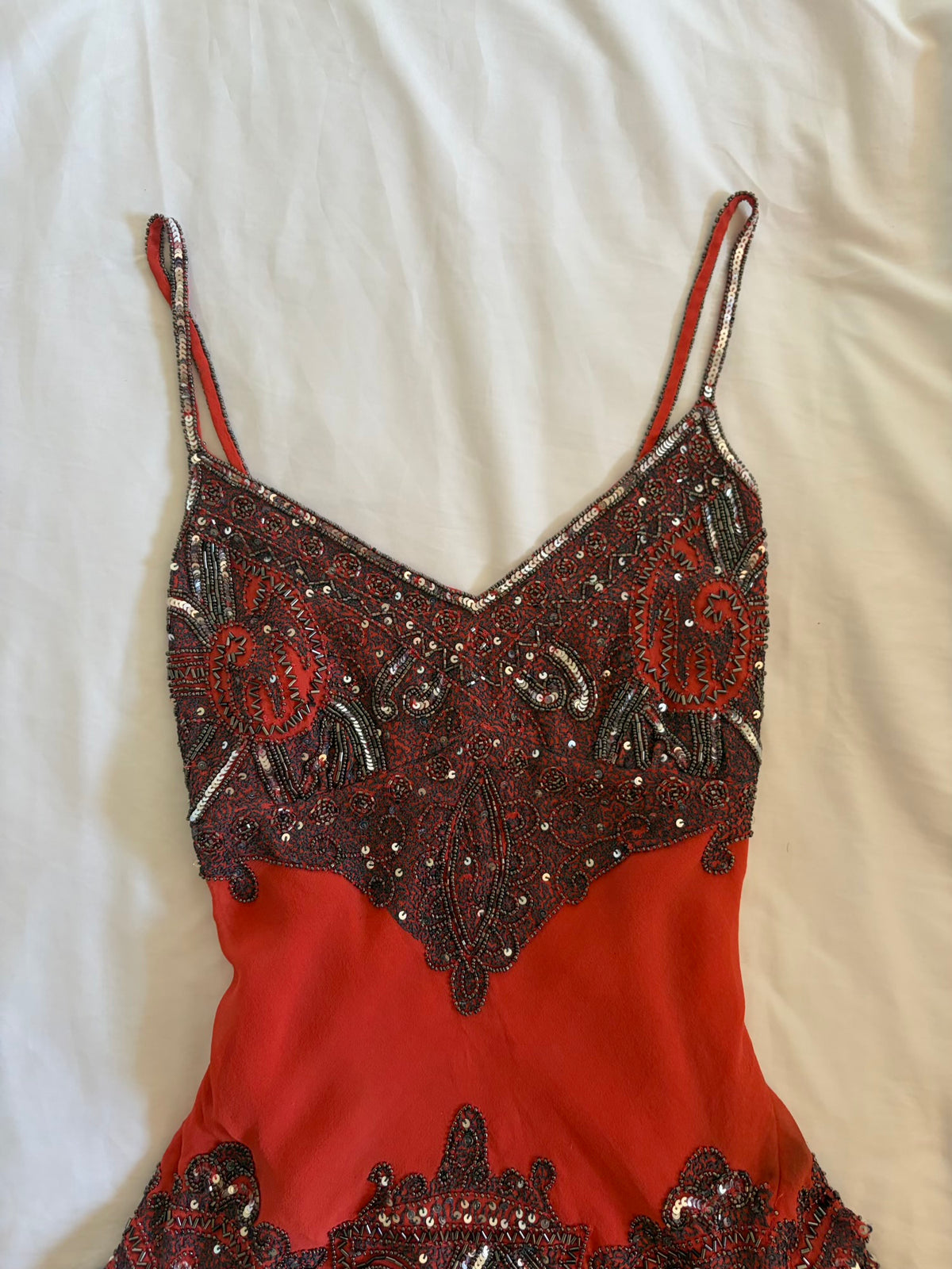 Vintage Y2K Aftershock Silk Coral Cami with Gunmetal Grey Sequin and Beaded Embellishment