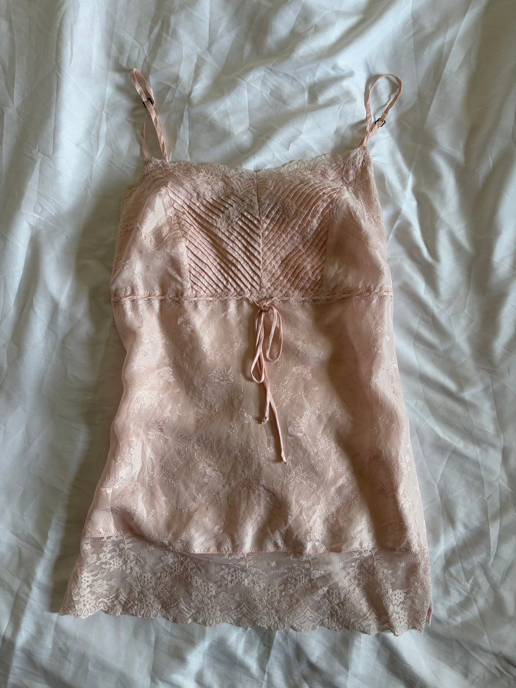 Vintage 1990s Silk Baby Pink Cami with Lace and Ribbon Detail