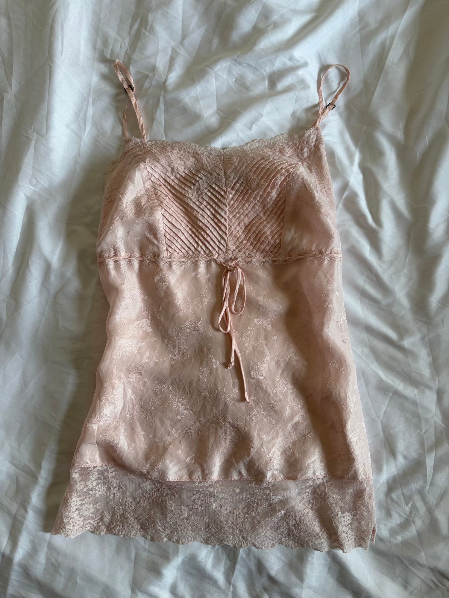 Vintage 1990s Silk Baby Pink Cami with Lace and Ribbon Detail