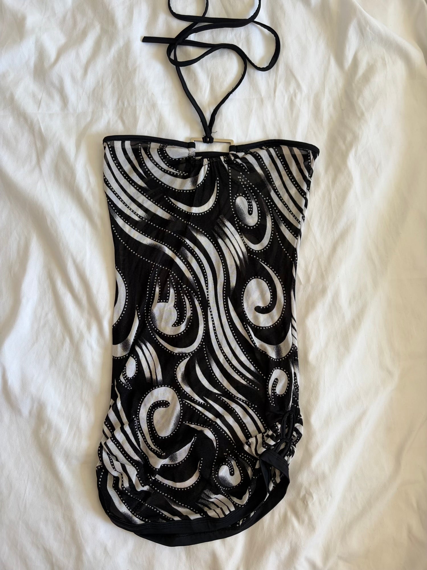 Vintage Y2K mesh black abstract bandeau cover up with o ring style detail and side ruching