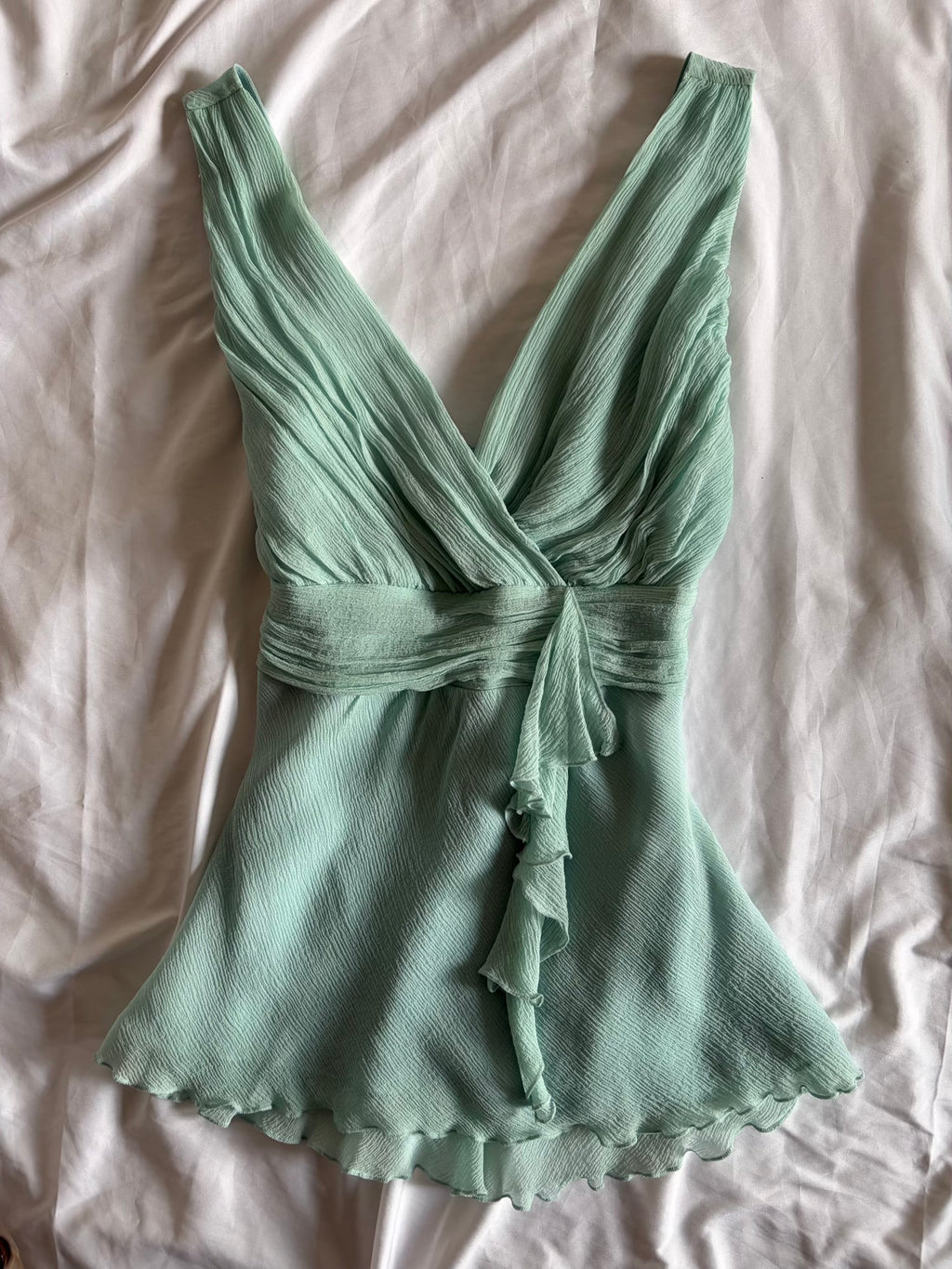 Vintage Y2K Silk Turquoise Top with Ruffle Detail