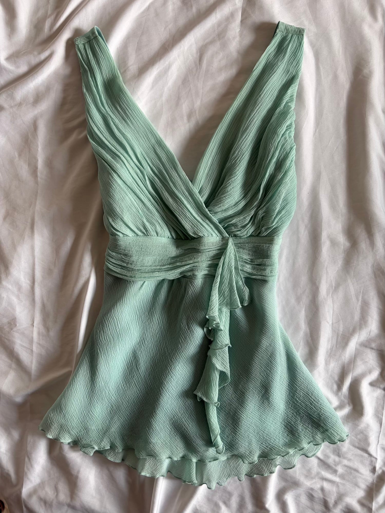 Vintage Y2K Silk Turquoise Top with Ruffle Detail