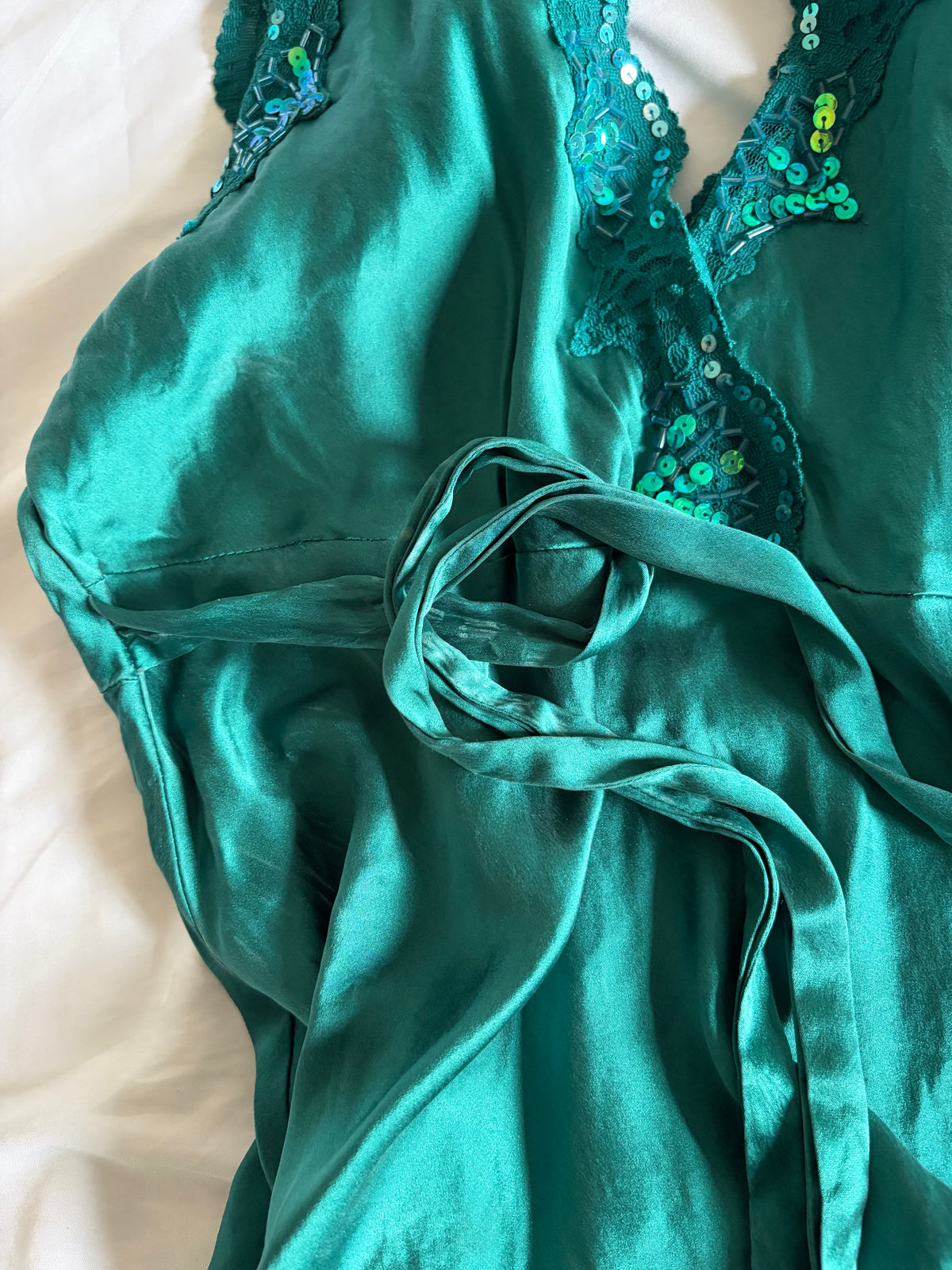 Vintage 1990s Oasis Silk Teal Beaded Mini Slip Dress