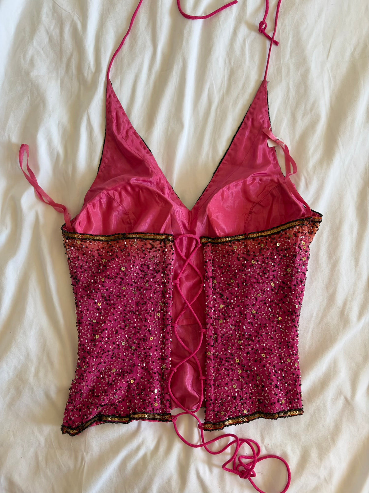 Vintage Y2K Aftershock pink and orange ombre sunset silk halterneck corset style cami
