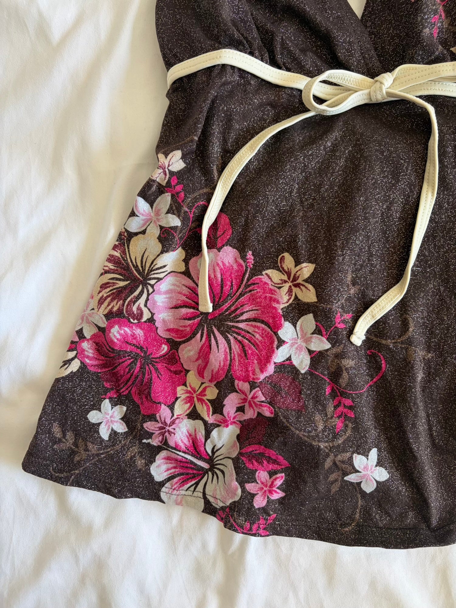 Vintage Y2K Japanese brown sparkly halterneck cami with floral graphic