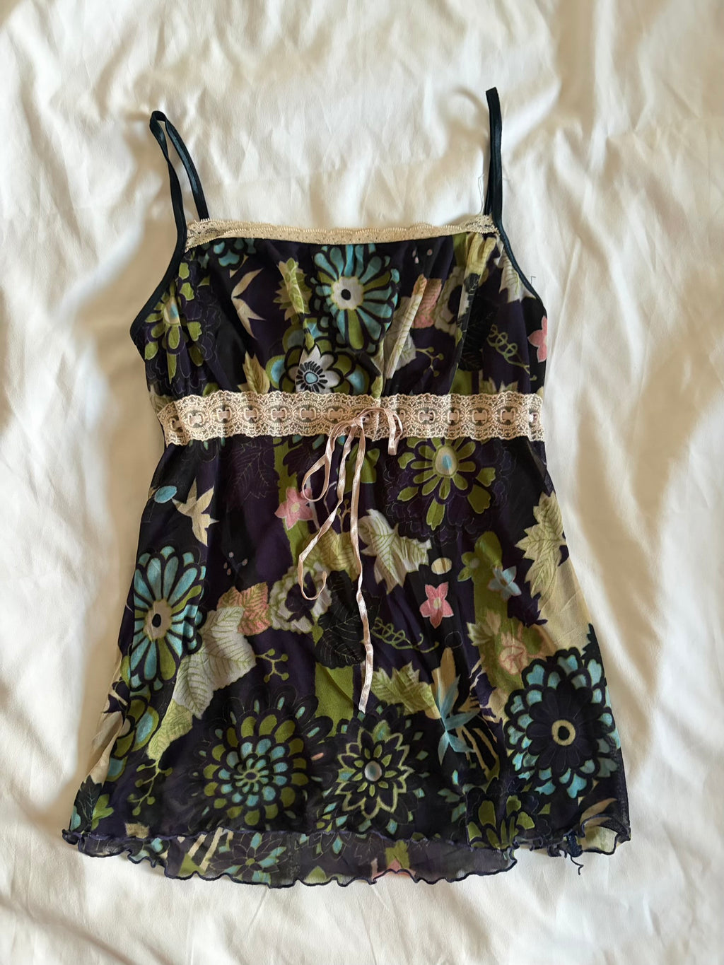 Vintage Y2K Japanese navy floral mesh overlay cami with ribbon bust detail