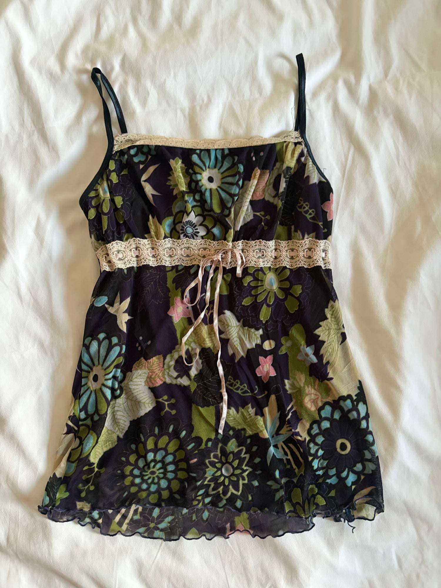Vintage Y2K Japanese navy floral mesh overlay cami with ribbon bust detail