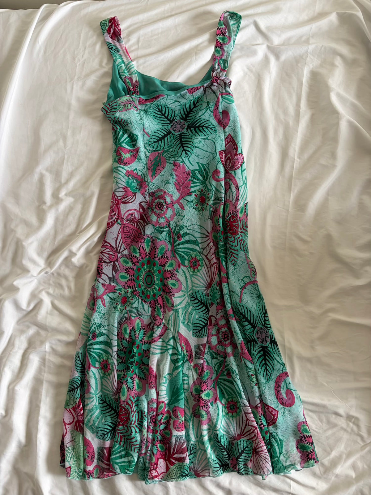 Vintage Y2K Green and Pink Floral Floaty Midi Dress