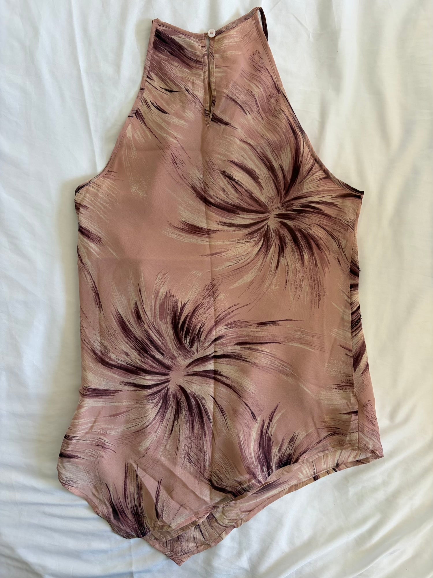 Vintage Y2K Silk Rose Pink Asymmetrical Hem Halterneck Floral Sequin and Bead Cami