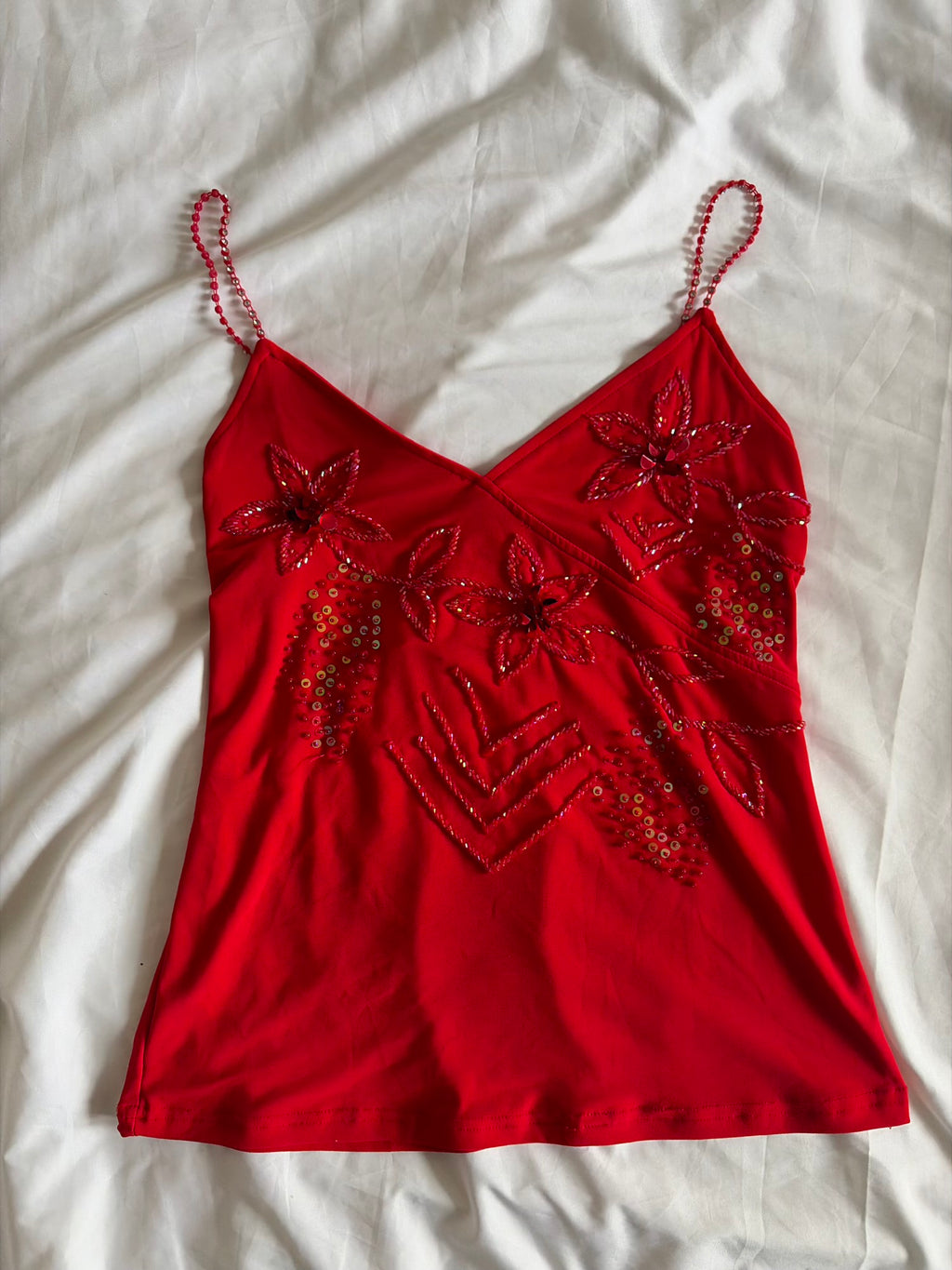 Vintage Y2K Red Cami with Beaded Sequins and Diamante Straps