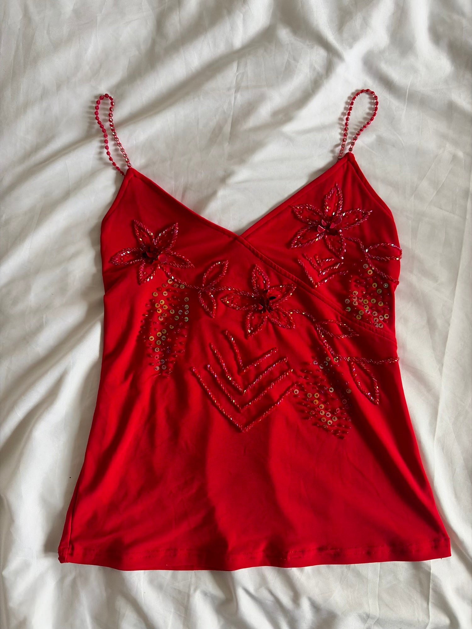 Vintage Y2K Red Cami with Beaded Sequins and Diamante Straps
