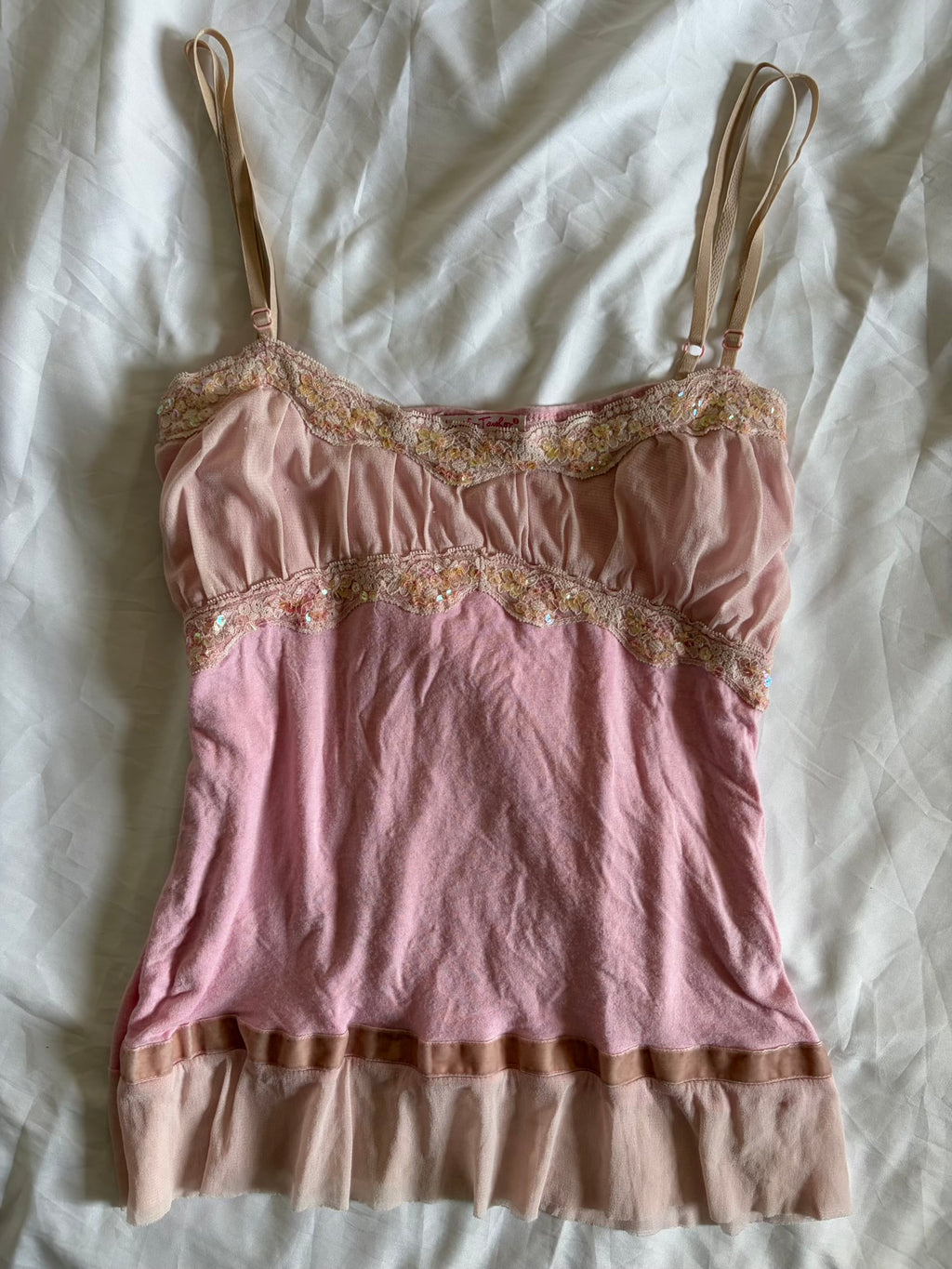 Vintage Y2K Baby Pink Cami with Holographic Sequins
