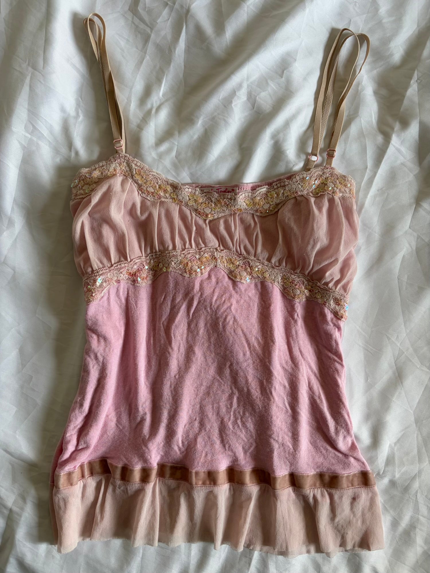 Vintage Y2K Baby Pink Cami with Holographic Sequins