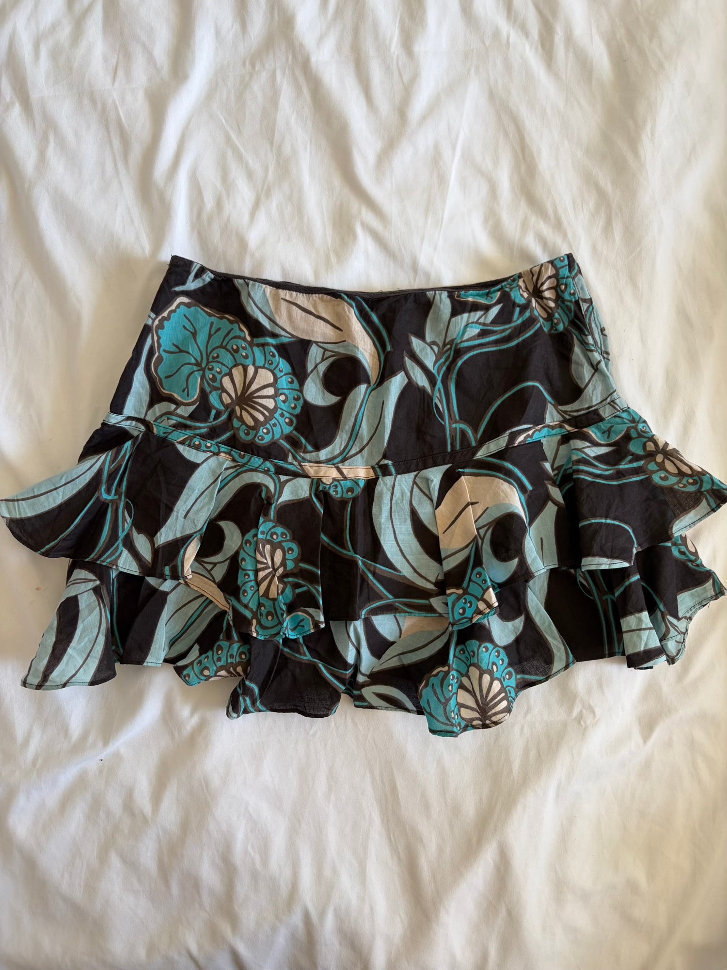 Vintage Y2K brown and turquoise floral rara mini skirt