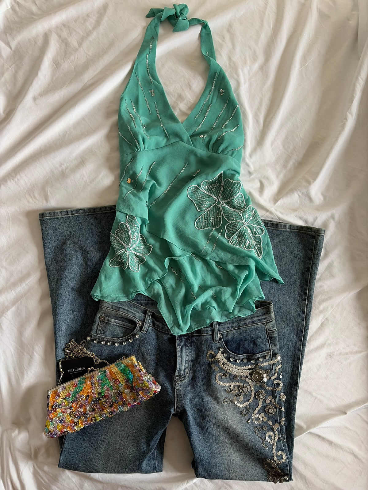 Vintage 2000s Kaleidoscope Turquoise Beaded Sequin Halterneck Cami