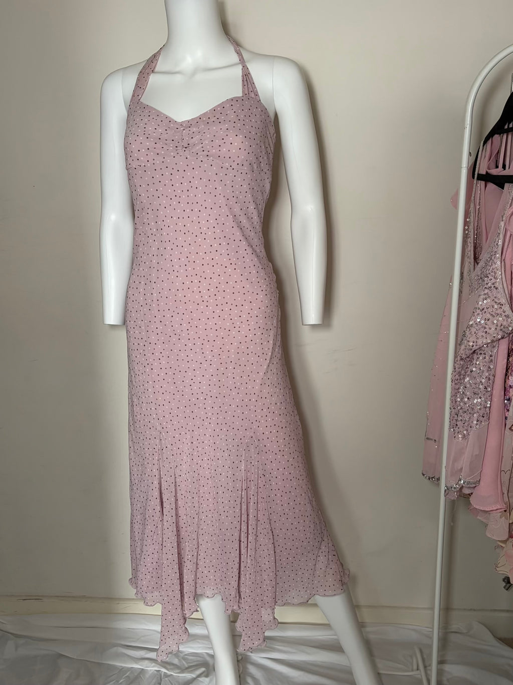 Vintage 1990s Lavender Ruched Bust Polka Dot Maxi Dress with Mermaid Hem