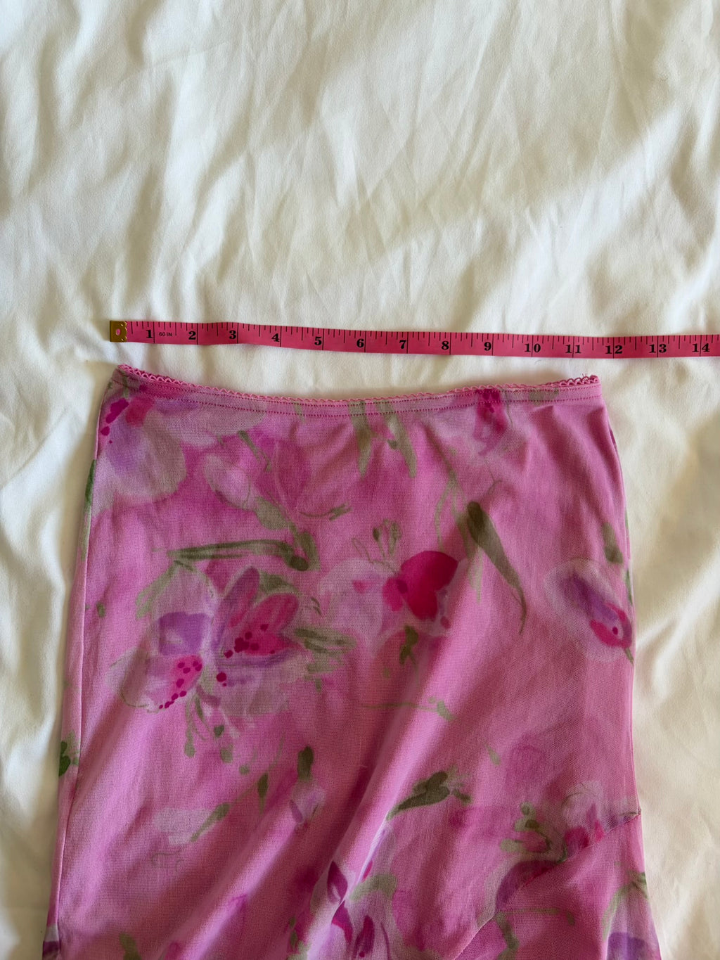 Vintage 1990s pink asymmetrical hem micromesh midi skirt