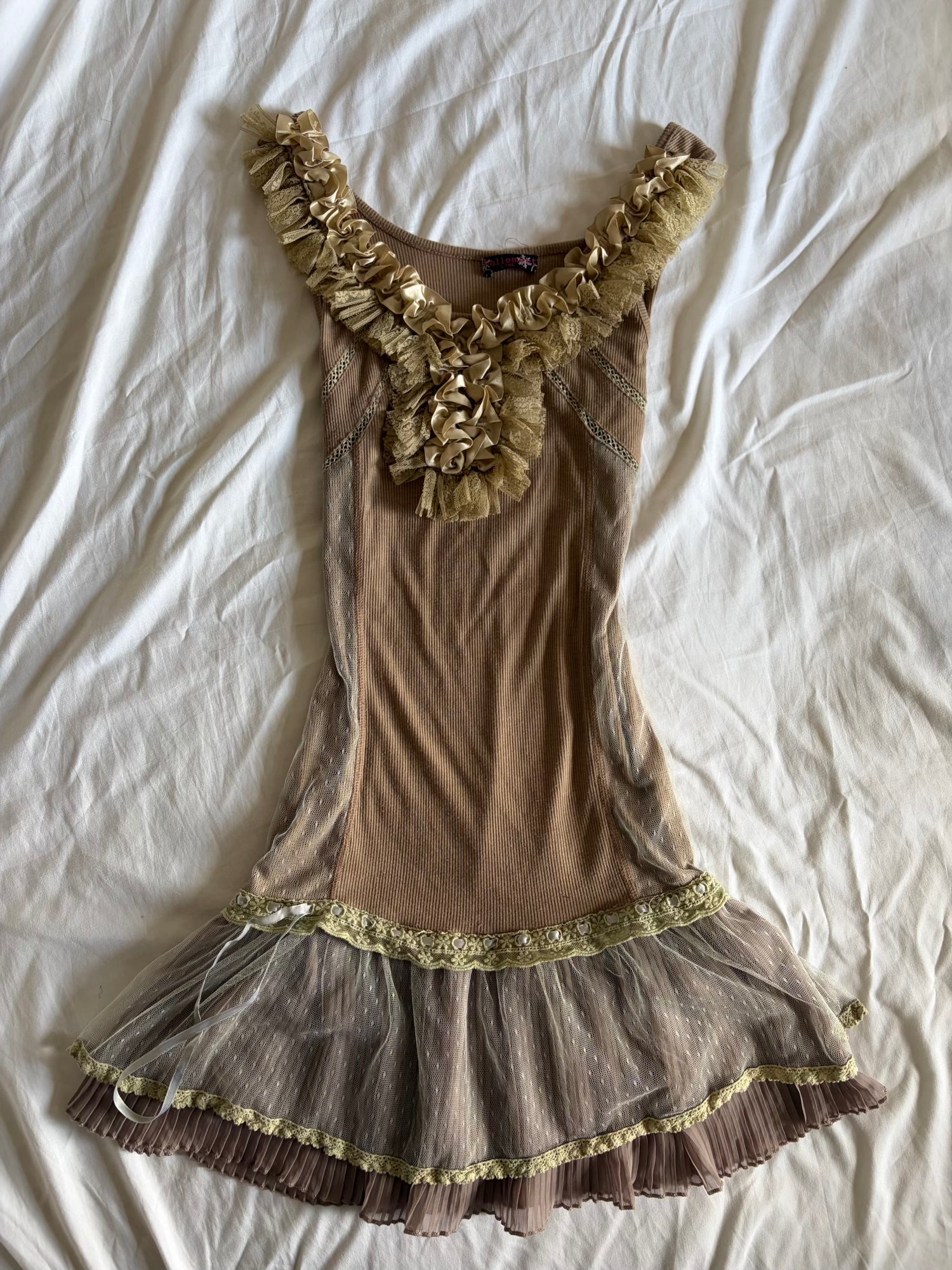 Vintage Y2K Beige Mini Dress with Mesh Polka Dot Hem and Ribbon