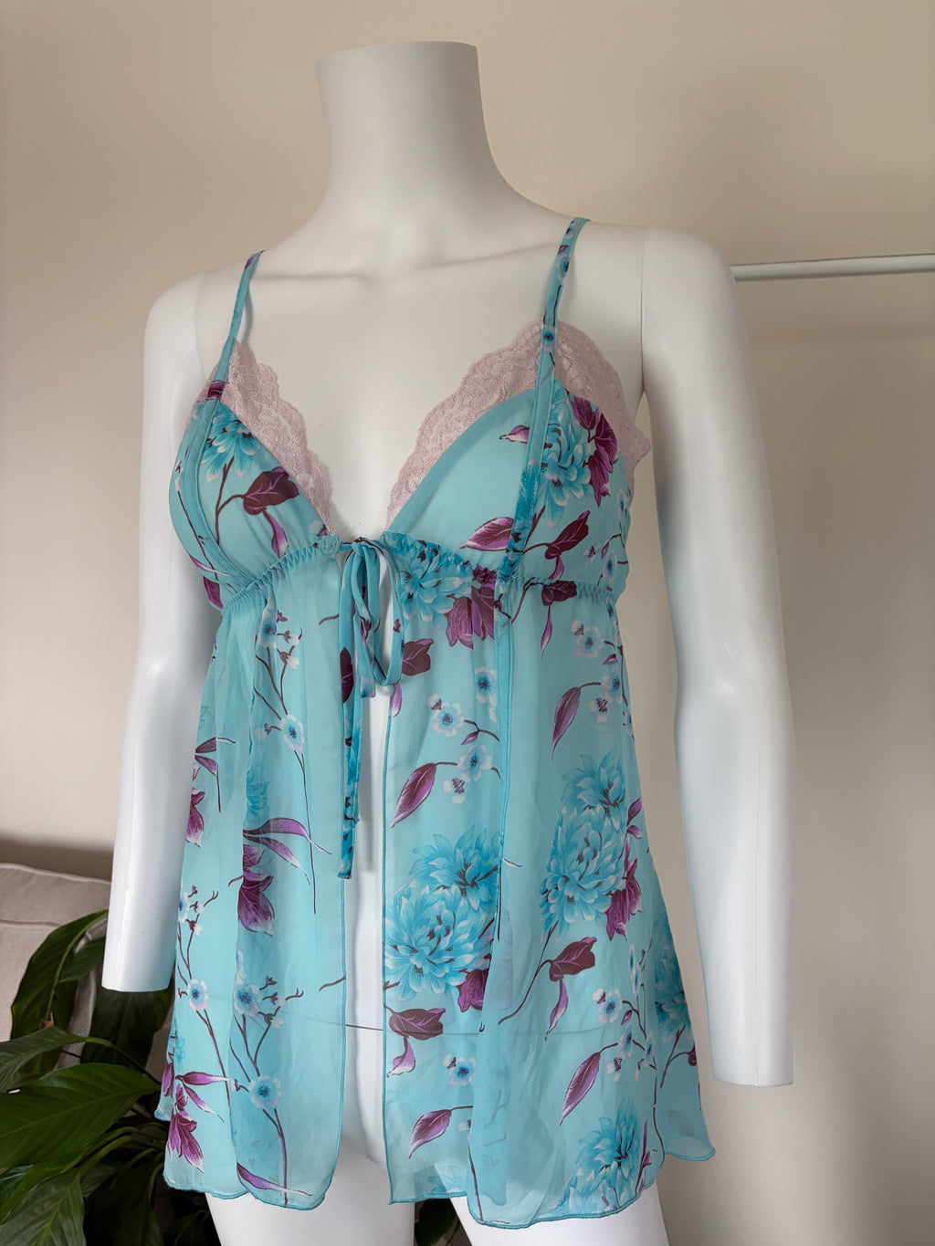 Vintage 2000s Blue Floral Tie-Bust Lace Cami