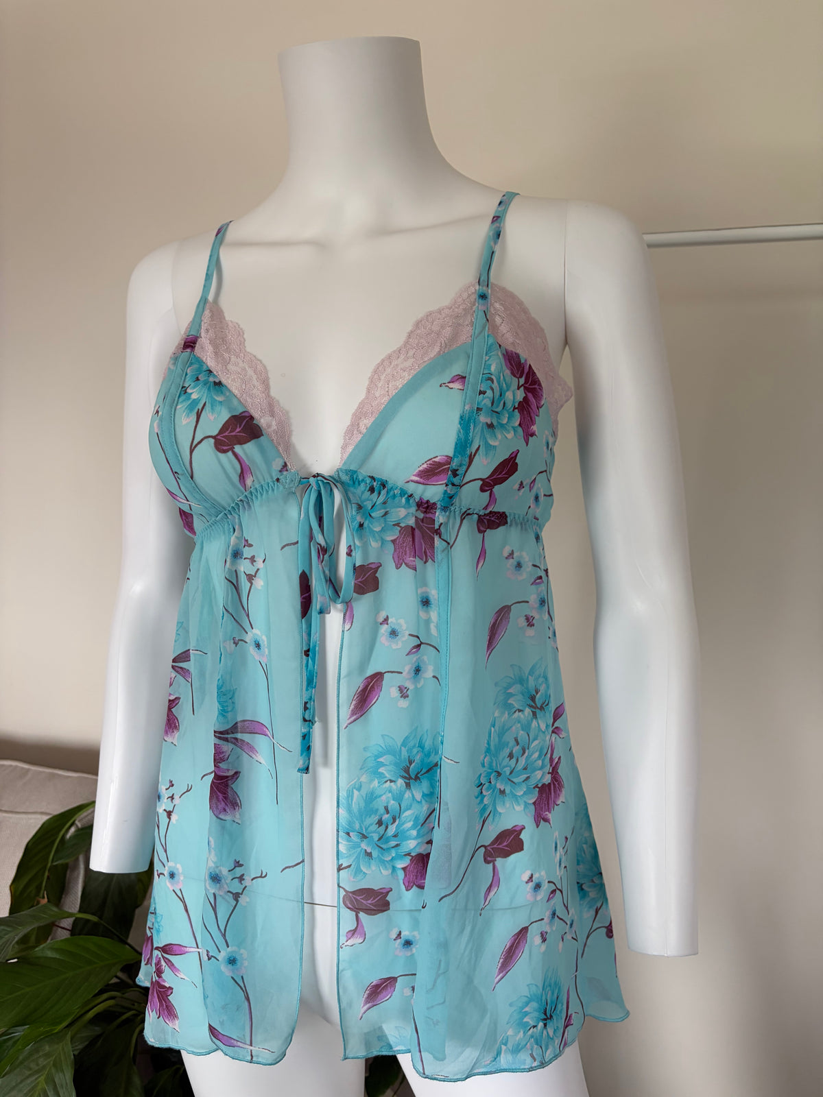 Vintage 2000s Blue Floral Tie-Bust Lace Cami
