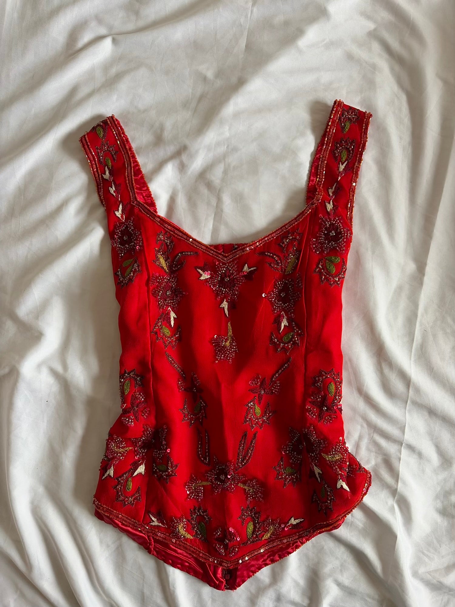 Vintage Y2K Silk Red Beaded and Sequin Basque Waist Top