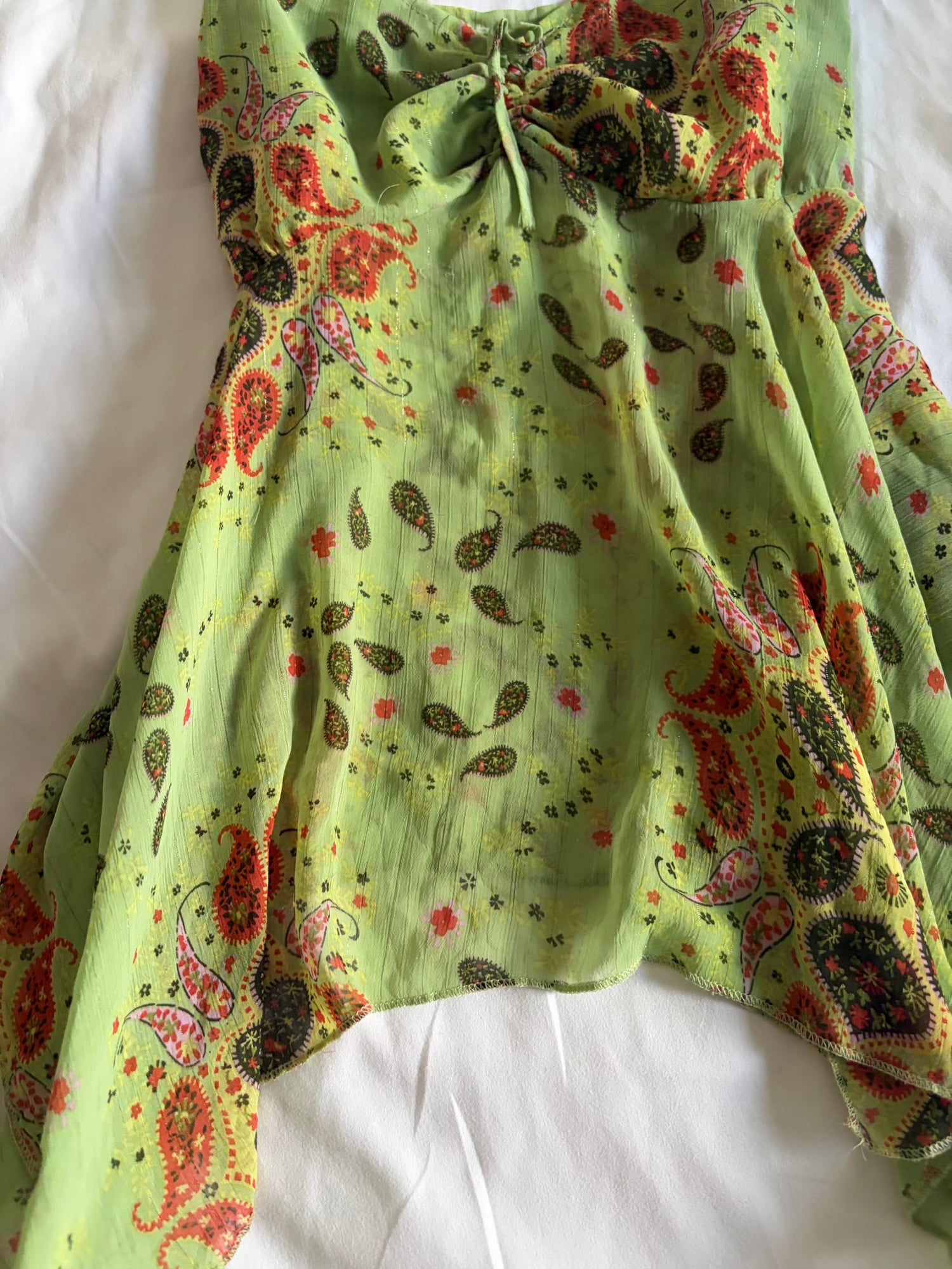 Vintage Y2K green paisley ruched bust cami with handkerchief hem and sparkles
