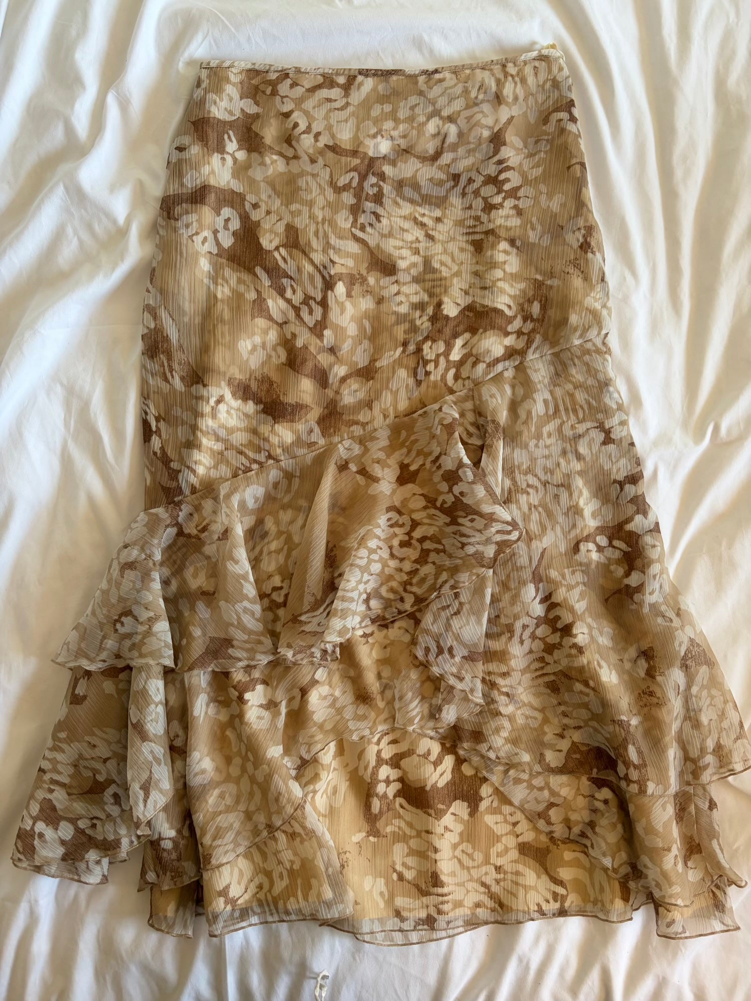 Vintage 1990s archival style champagne and brown ruffle asymmetrical hem fairy skirt