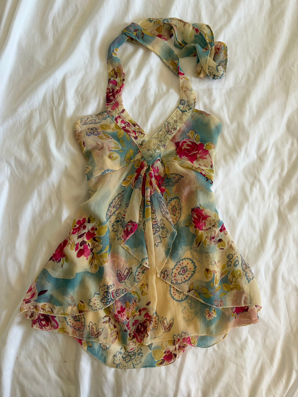 Vintage Y2K Japanese floral floaty fairy halterneck cami with beaded detailing