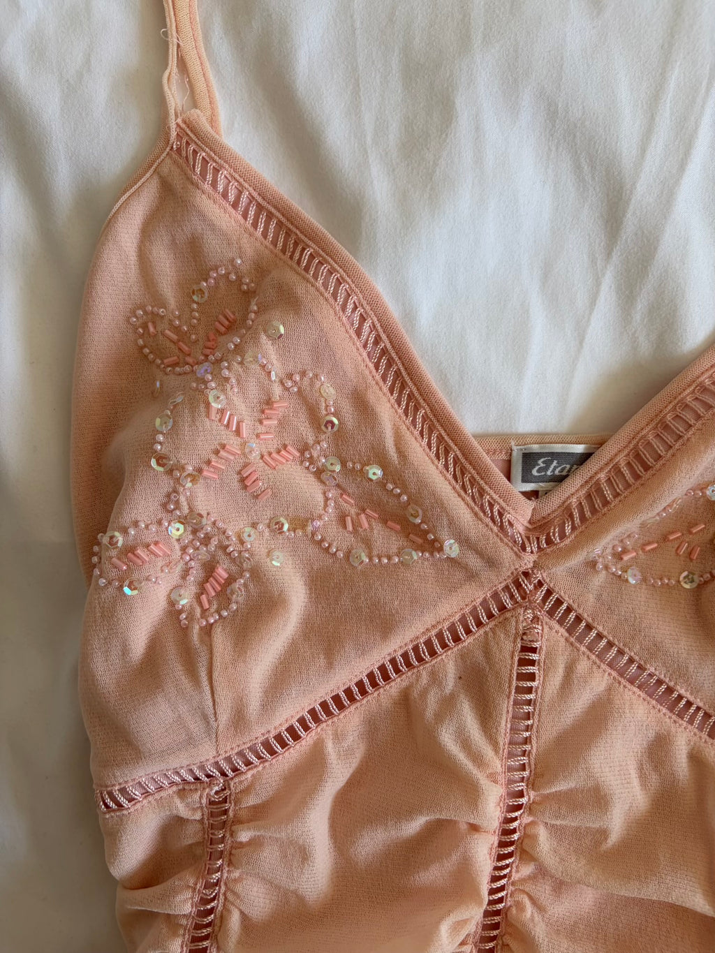 Vintage Y2K baby pink ruched cami with beaded and sequin detail on bust