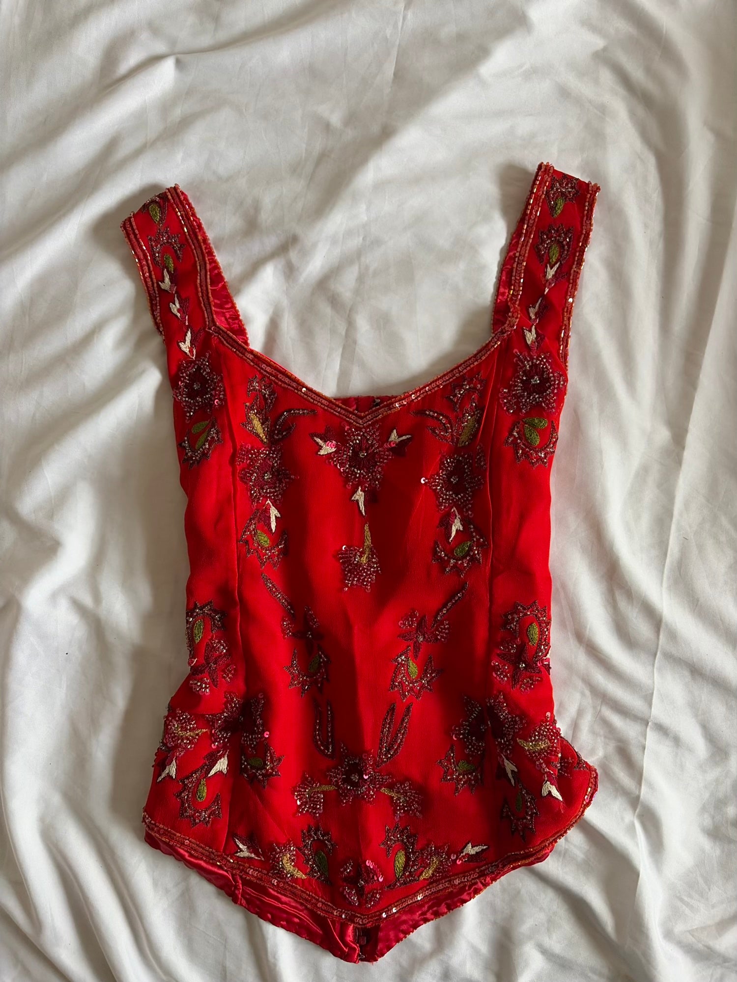 Vintage Y2K Silk Red Beaded and Sequin Basque Waist Top