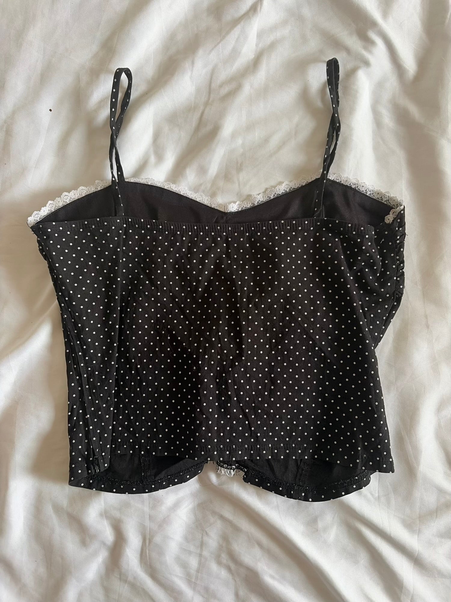 Vintage 1990s Black Polka Dot Cotton Cami with White Lace Up Detail