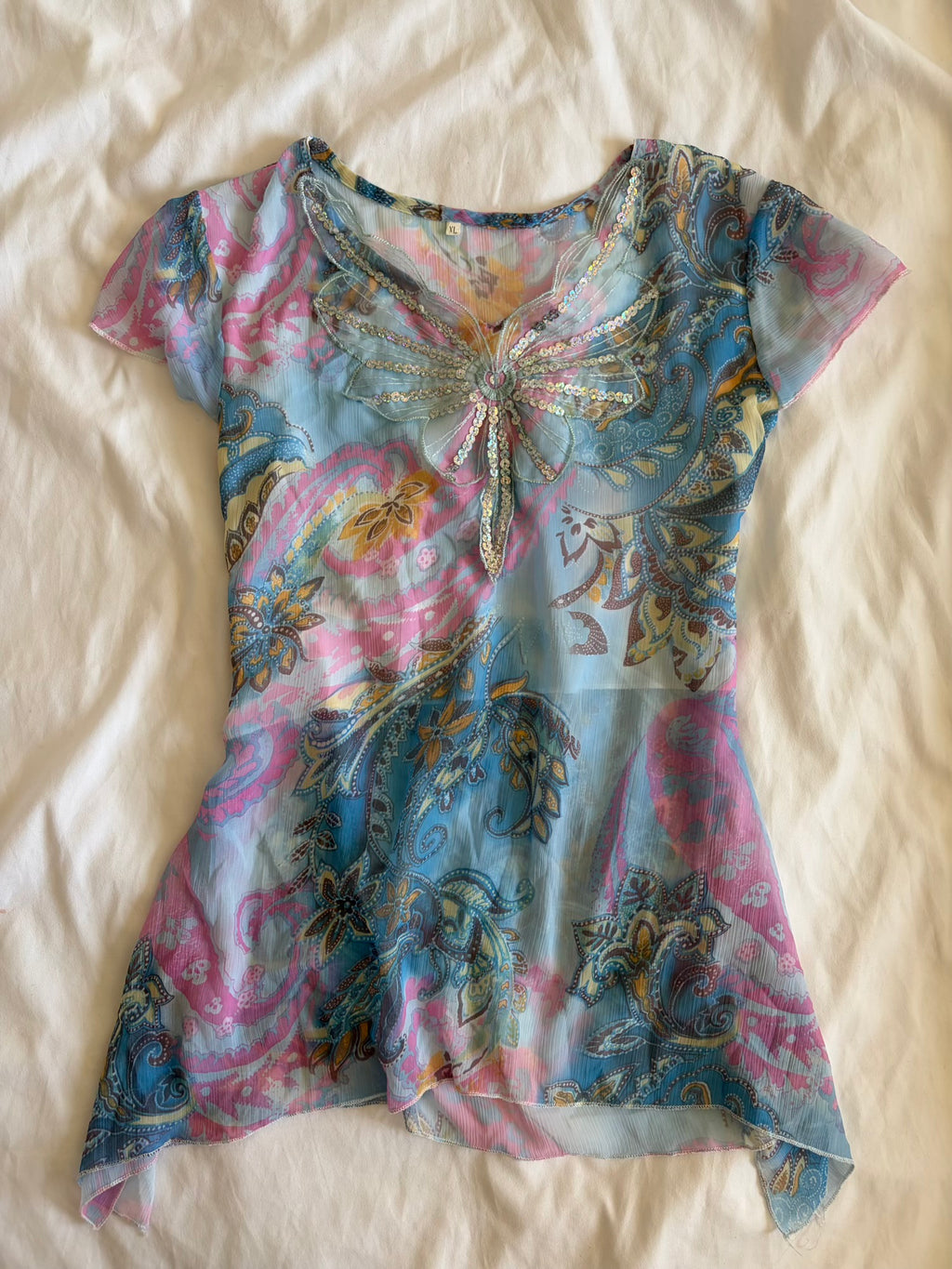 Vintage Y2K blue butterfly paisley short sleeve handkerchief hem top with sequins
