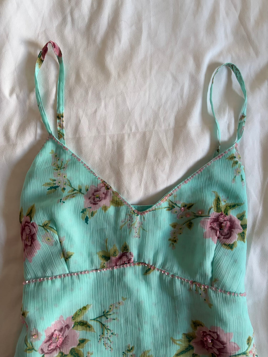 Vintage Y2K blue floral pink sequin and beaded cami