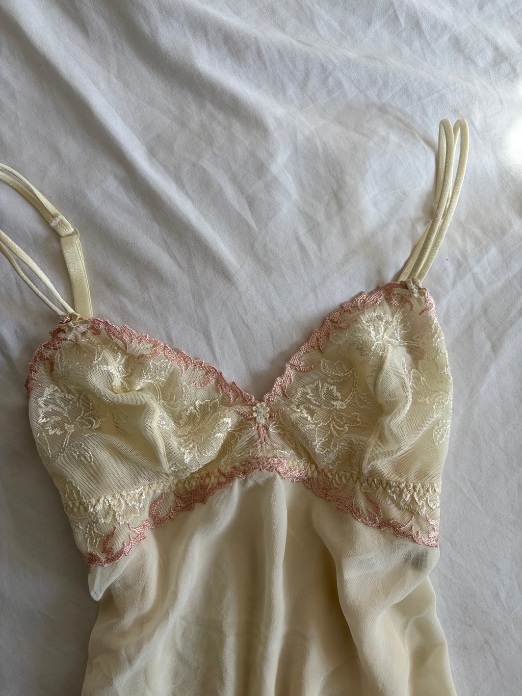 Vintage 1990s Beige Slip with Rose Pink Embroidery