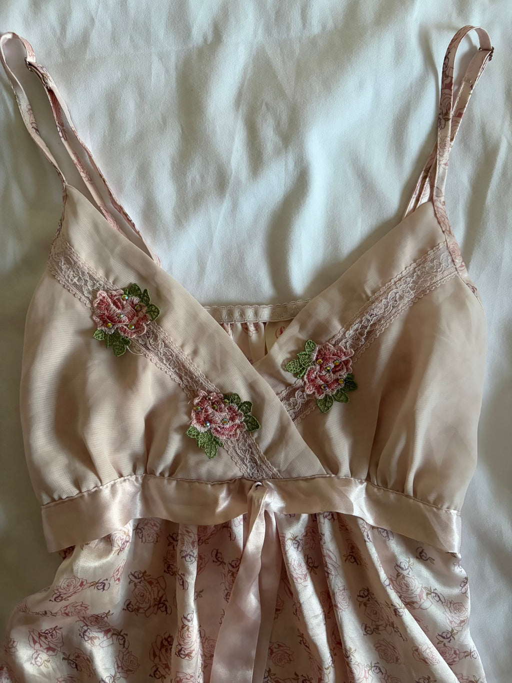 Vintage Y2K Japanese baby pink cami with embroidery on the bust and sequins with ribbon