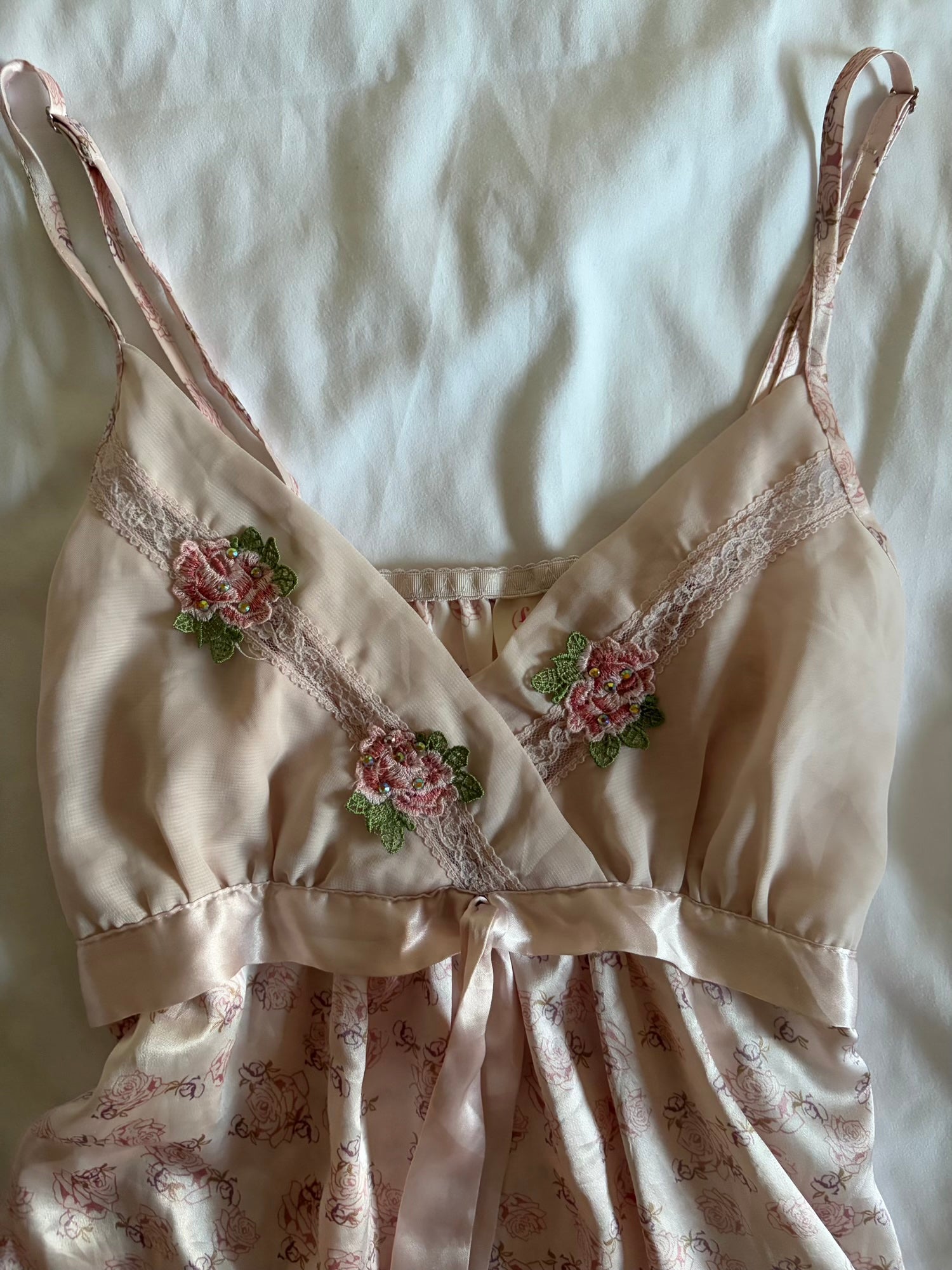Vintage Y2K Japanese baby pink cami with embroidery on the bust and sequins with ribbon