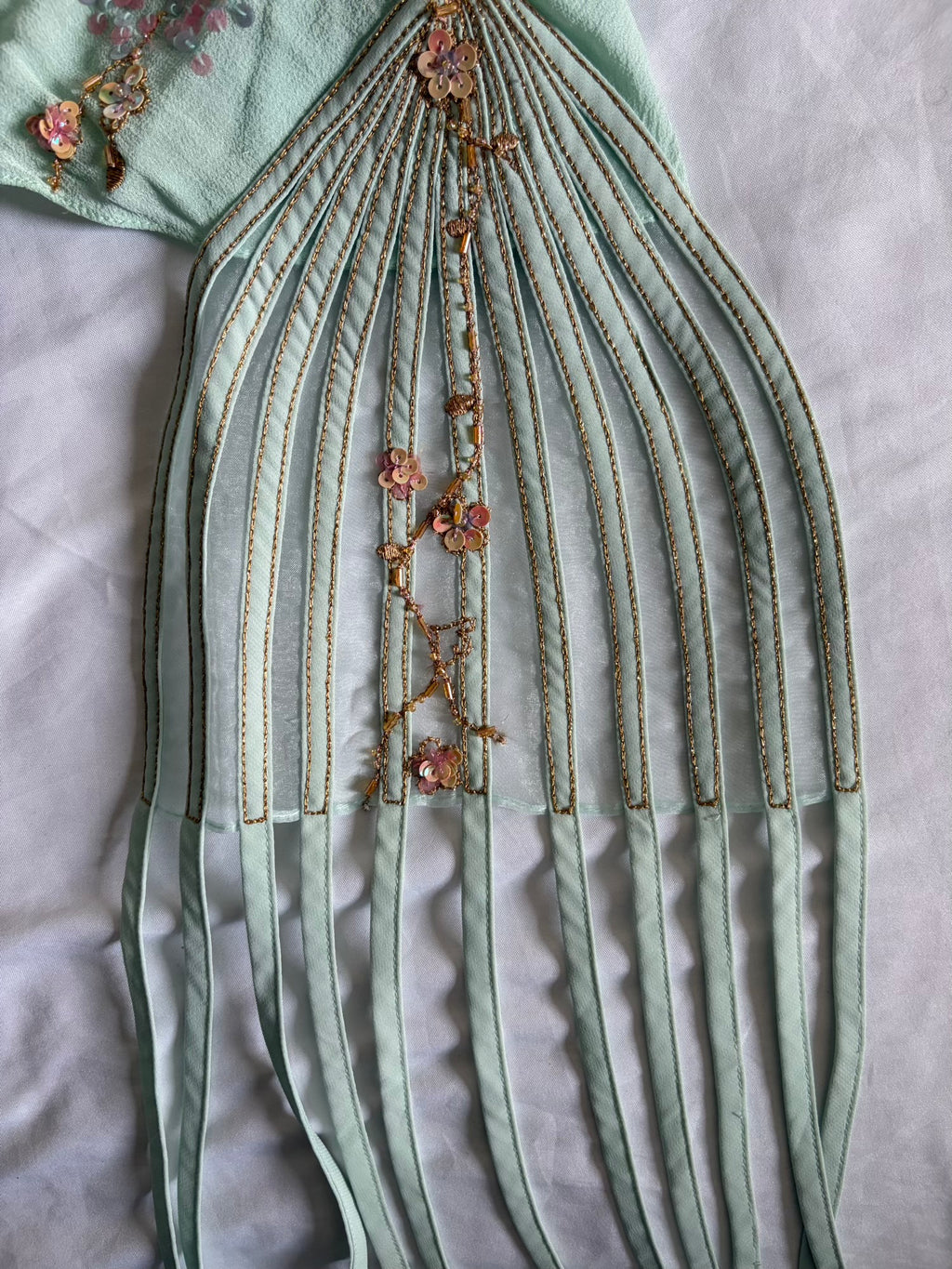 Rare 2004 Karen Millen Silk Turquoise Blouse with Fan Beadwork and Draped Fringe