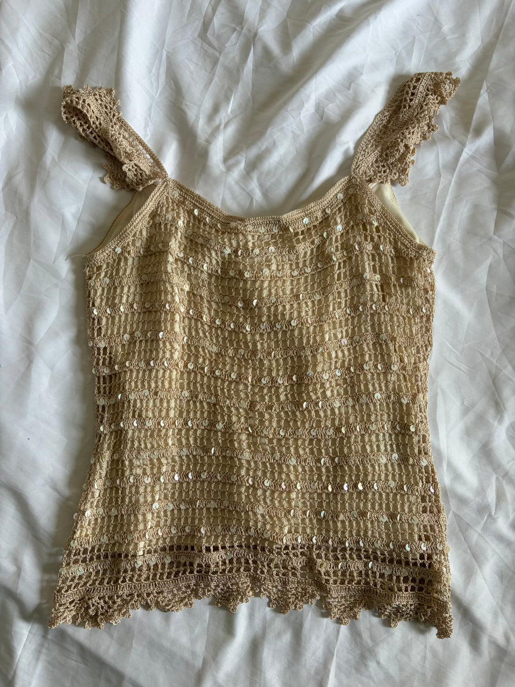Vintage Y2K Champagne Crochet Top with Sequins and Romantic Sleeves
