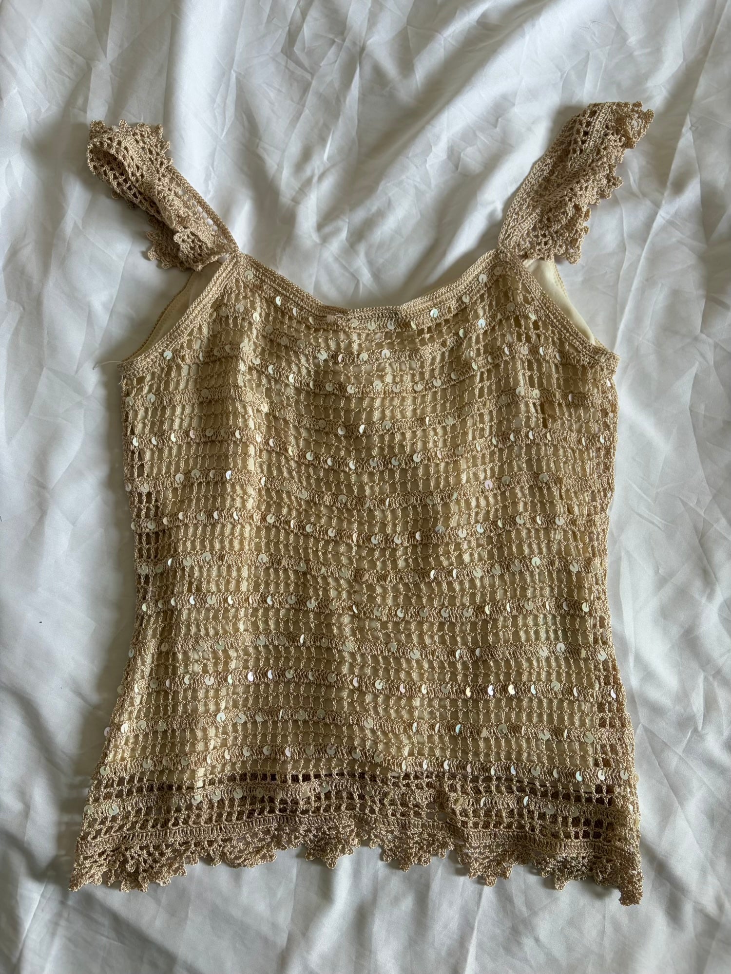 Vintage Y2K Champagne Crochet Top with Sequins and Romantic Sleeves